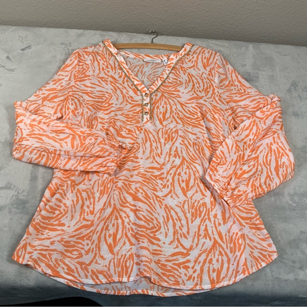 Susan Graver Passport  Orange White Print Tunic Top Blouse Women Sz Medium Beach